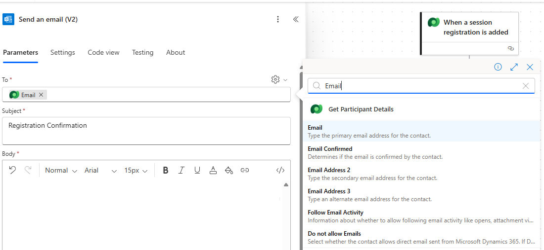 Screenshot of setting the to field to the email of the participant.