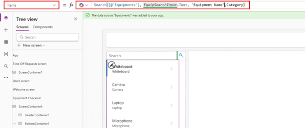 Screenshot of Items PowerFx Formula.