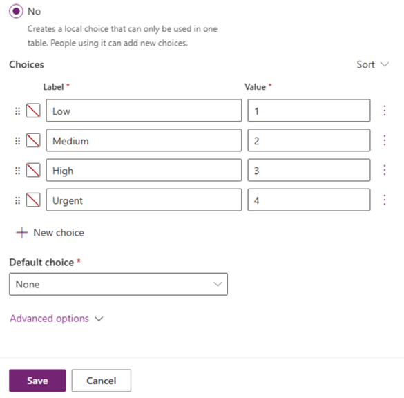 Screenshot showing the Priority choice labels and values