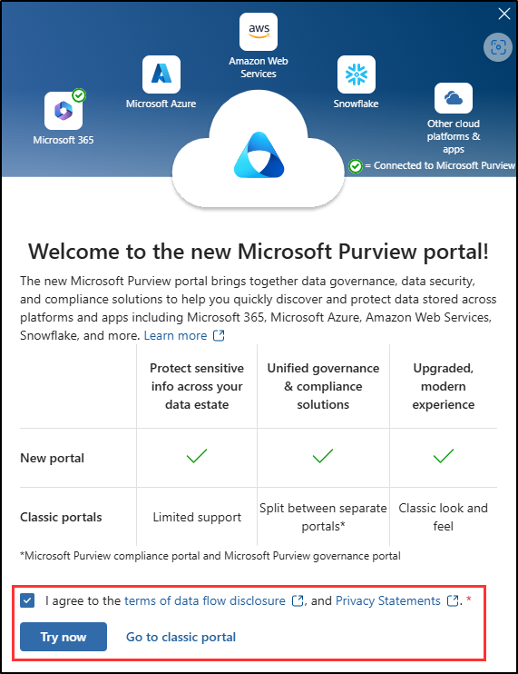 Capture d’écran de l’écran Bienvenue sur le nouveau portail de conformité Microsoft Purview.