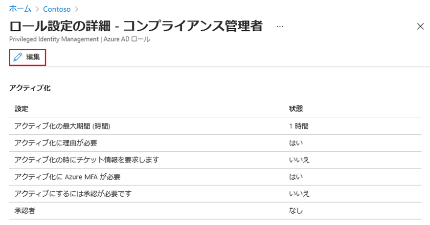 [ロール設定の詳細 - コンプライアンス管理者] ページの上部の [編集] が強調表示されている画面イメージ