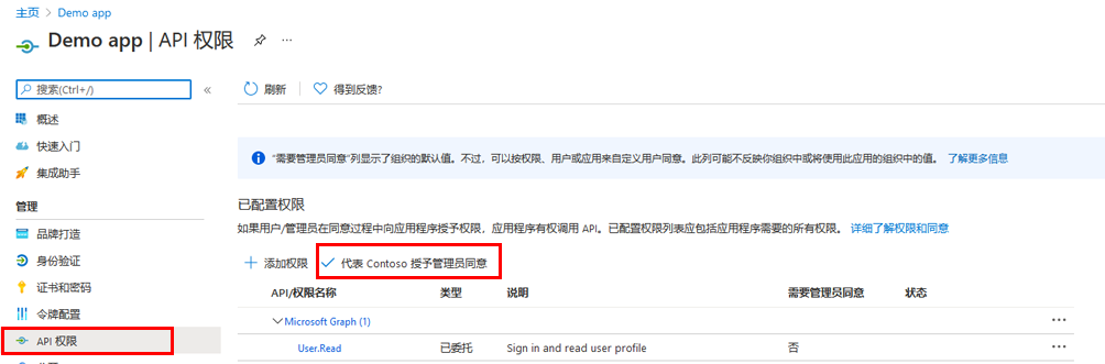 显示“API 权限”页面的屏幕图像，其中“授予 Contoso 管理员同意”突出显示