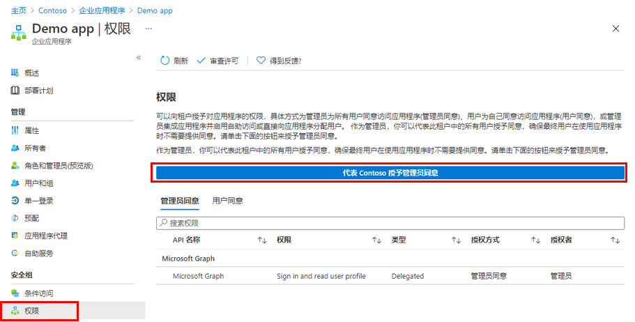 显示“演示应用权限”页面的屏幕图像，其中“授予 Contoso 管理员同意”突出显示