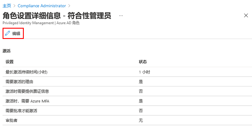 显示“角色设置详细信息 - 合规性管理员”页上半部分的屏幕图像，其中突出显示了“编辑”