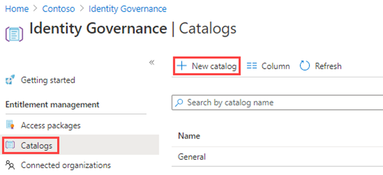 Screenshot der Seite „Kataloge“ in Identity Governance mit hervorgehobenem Menü „Neuer Katalog“ 