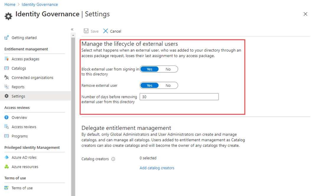 Screenshot der Seite „Einstellungen“ in Identity Governance mit hervorgehobener Option „Lebenszyklus von externen Benutzern verwalten“