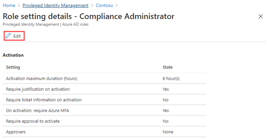 Screenshot des oberen Abschnitts der Seite „Details zur Rolleneinstellung – Complianceadministrator“ mit hervorgehobener Option „Bearbeiten“