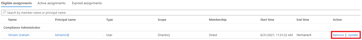 Screenshot der Optionen in der Spalte „Aktion“ unter „Complianceadministrator“