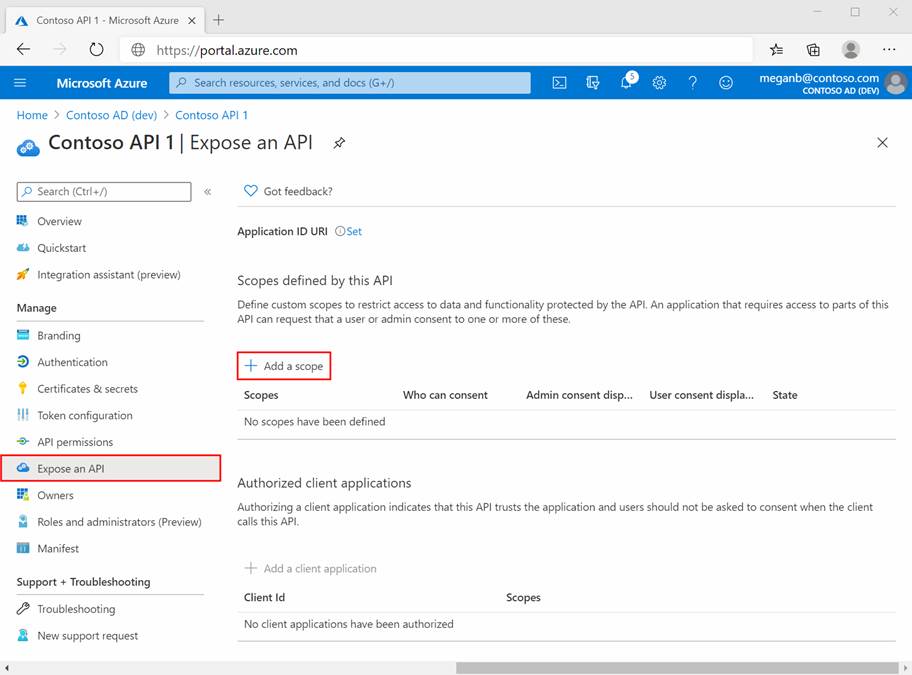 Bereich „Eine API verfügbar machen“ der App-Registrierung im Azure-Portal