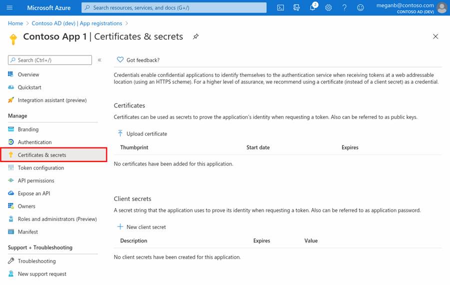 Screenshot des Azure-Portals mit dem Bereich „Zertifikate und Geheimnisse“ in der App-Registrierung