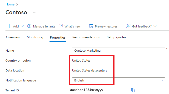 Capture d’écran affichant la page Propriétés Azure Active Directory avec les paramètres Pays ou région et Emplacement mis en surbrillance