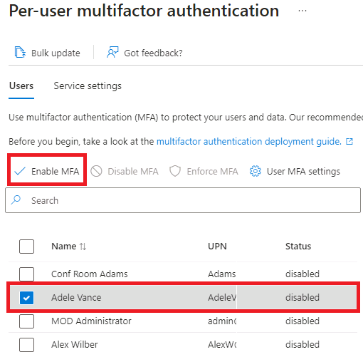 Capture d’écran montrant les options MFA