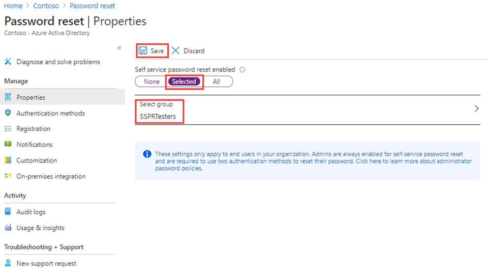 Image de l’écran affichant la page des propriétés de réinitialisation du mot de passe avec sélectionné, sélectionner un groupe et enregistrer en surbrillance