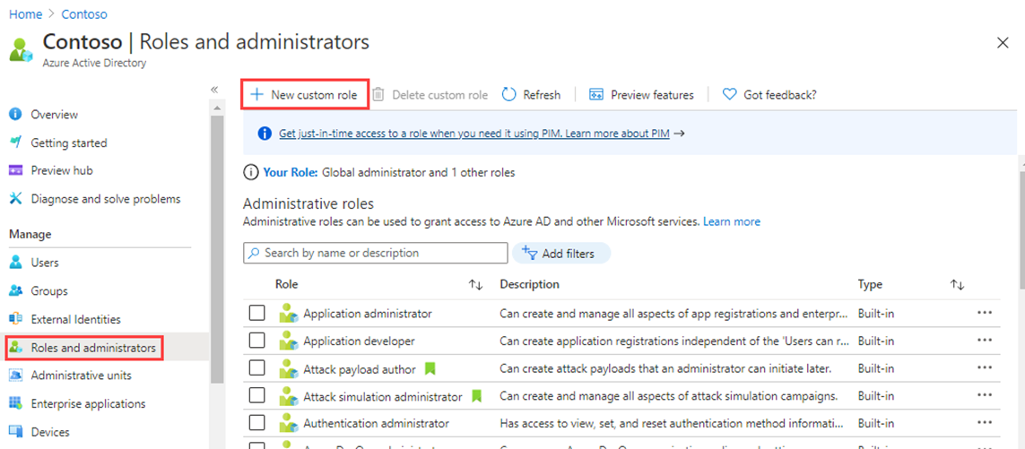 Image de l’écran affichant le panneau Rôles et administrateurs avec l’option de menu Nouveau rôle personnalisé mise en surbrillance