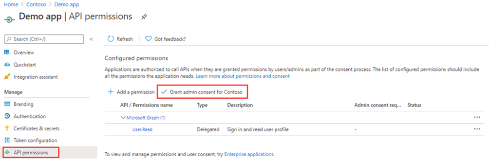 Capture d’écran affichant la page d’autorisation de l’API avec le consentement d’administrateur pour Contoso mis en surbrillance