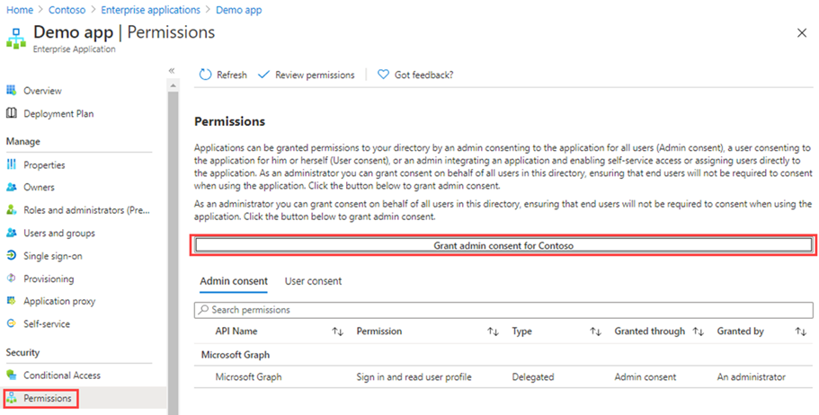 Capture d’écran affichant la page d’autorisation de Demo app avec le consentement d’administrateur pour Contoso mis en surbrillance