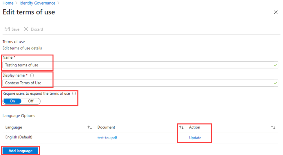 Image d’écran des conditions d’utilisation de la gouvernance des identités en cours de modification.