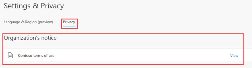 Image de l’écran affichant la page Paramètres et confidentialité avec les notes de l’organisation mises en surbrillance