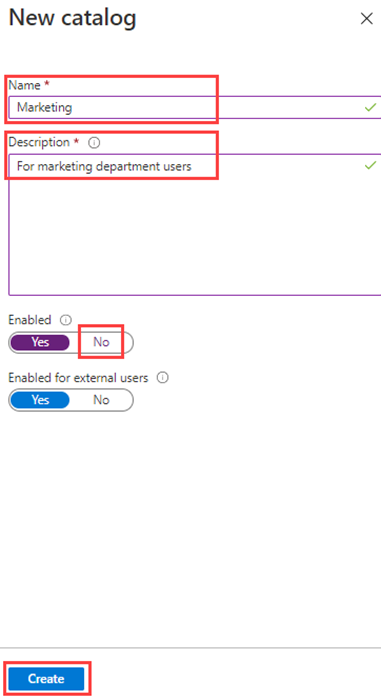 Image de l’écran affichant le nouveau panoramique du catalogue avec les options Nom, Description, Activé et Créer mises en surbrillance