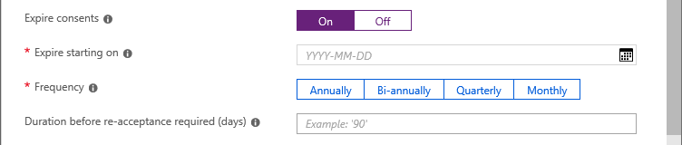 Paramètres Faire expirer les consentements pour définir la date de début, la fréquence et la durée