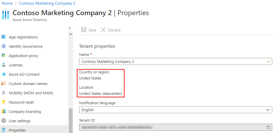 Screen image showing the Azure Active Directory Properties page with the Country or region and Location settings highlighted