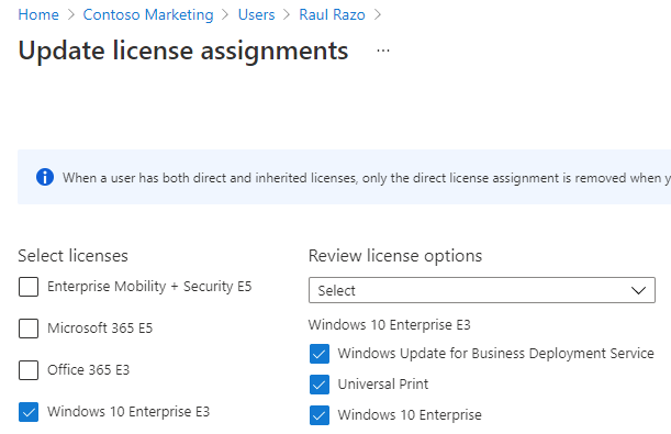 Screen image displaying the Update license assignments page and license options highlighted