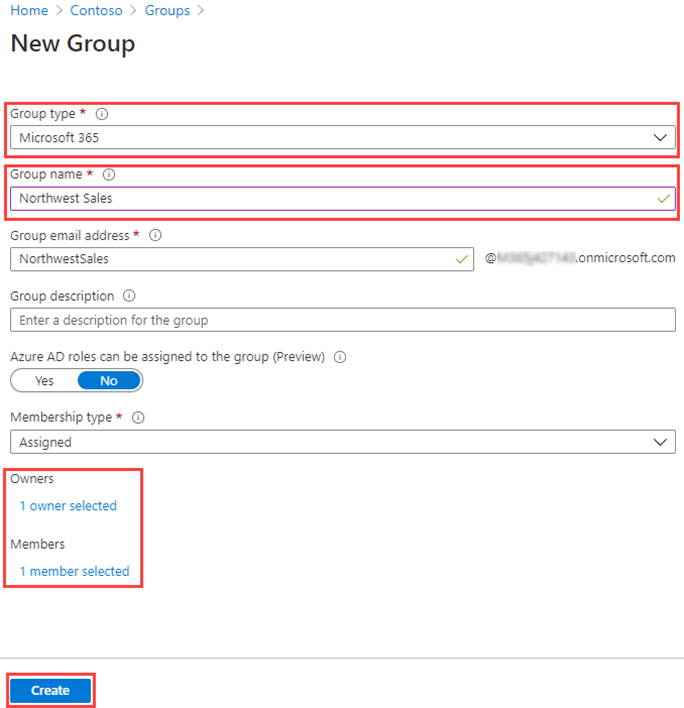 Screen image displaying the New Group page with Group type, Group name, Owners, and Members highlighted