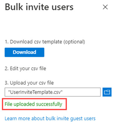 Screen image displaying Bulk invite users with File uploaded successfully message highlighted