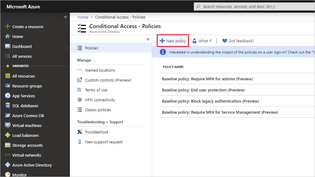 creenshot highlighting the New Policy button in the Azure portal