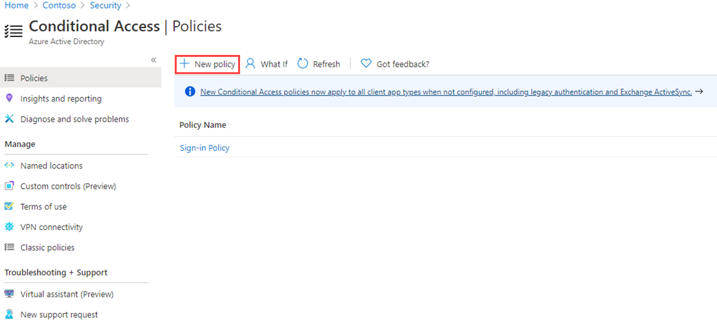 Screen image displaying the Conditional Access page with New policy highlighted