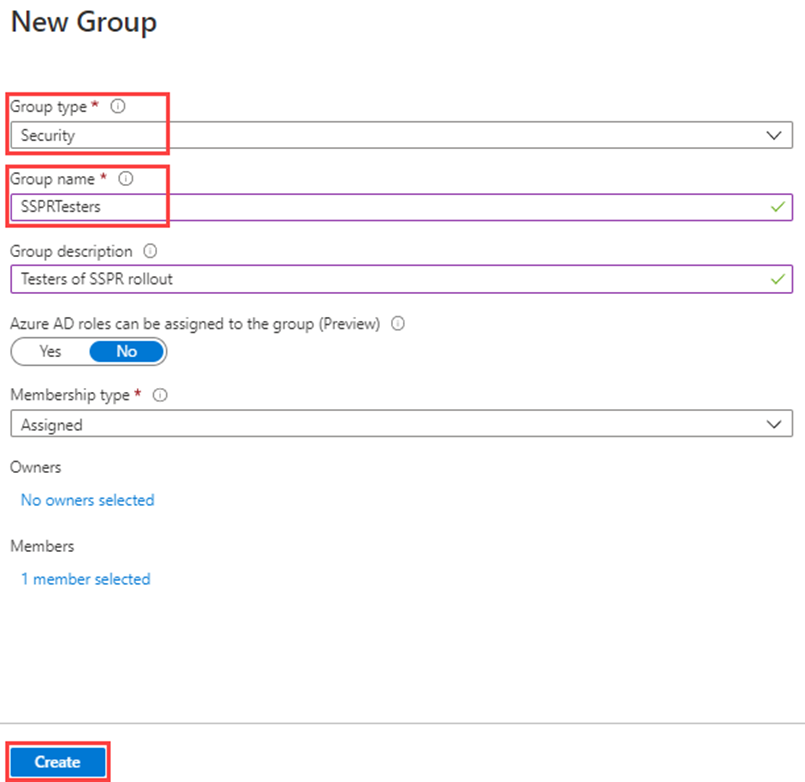 Screen image displaying the New Group page with group type, group name, and create highlighted