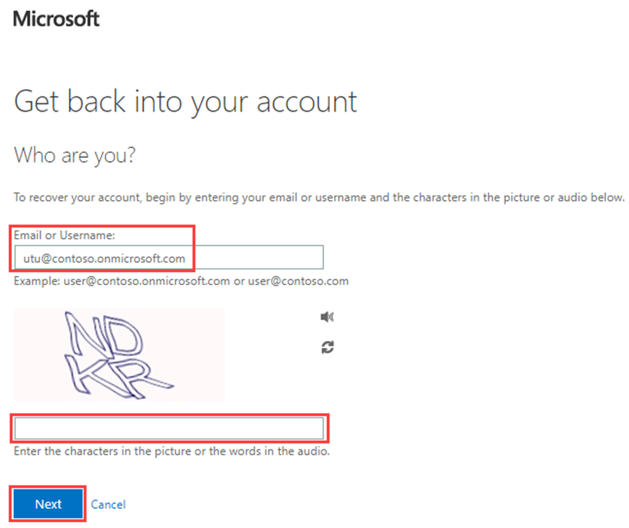 Screen image displaying the Get back into your account page with Email or Username, captcha box, and next button highlighted