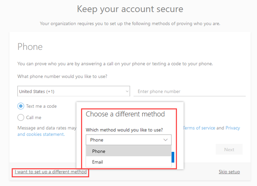 Screen image displaying the Keep your account secure page with the Choose a different method dialog box highlighted