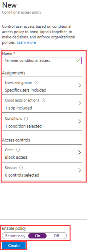 Screen image displaying a new conditional access policy with policy settings highlighted