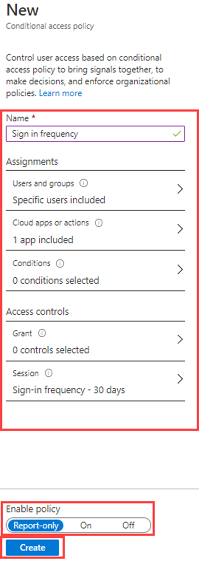 Screen image displaying a new conditional access policy with policy settings highlighted