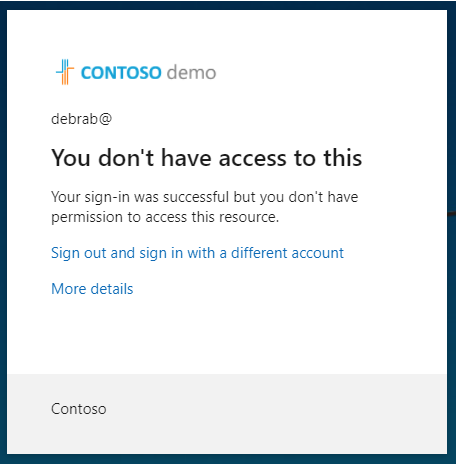 Screen image displaying a the blocked resource access due to an enabled conditional access policy