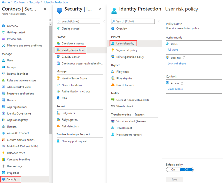 Screen image displaying the User risk policy page and highlighted browsing path