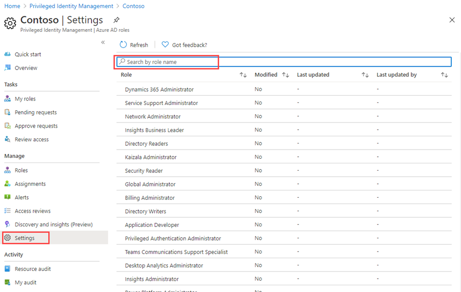 Screen image displaying the Azure AD roles page with the Settings menu highlighted