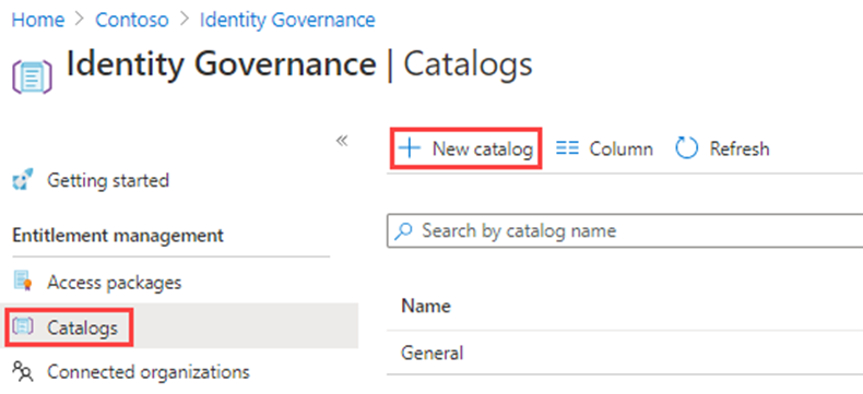 Screen image displaying the Identity governance catalog page with the New catalog menu highlighted 