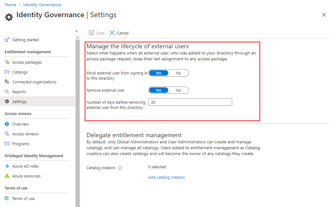 Screen image displaying the Identity governance settings page with manage the lifecycle of external users highlighted.