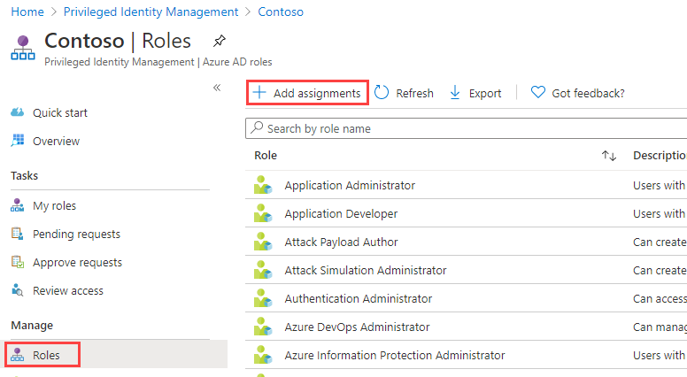 Screen image displaying Azure AD roles with Add assignments menu highlighted