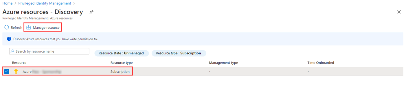 Screen image displaying the Azure resources discovery page with the subscription and manage resource highlighted