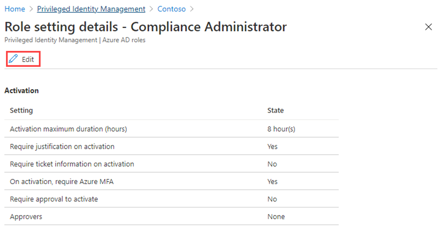 Screen image displaying the top portion of the Role setting details -Compliance Administrator page with Edit highlighted