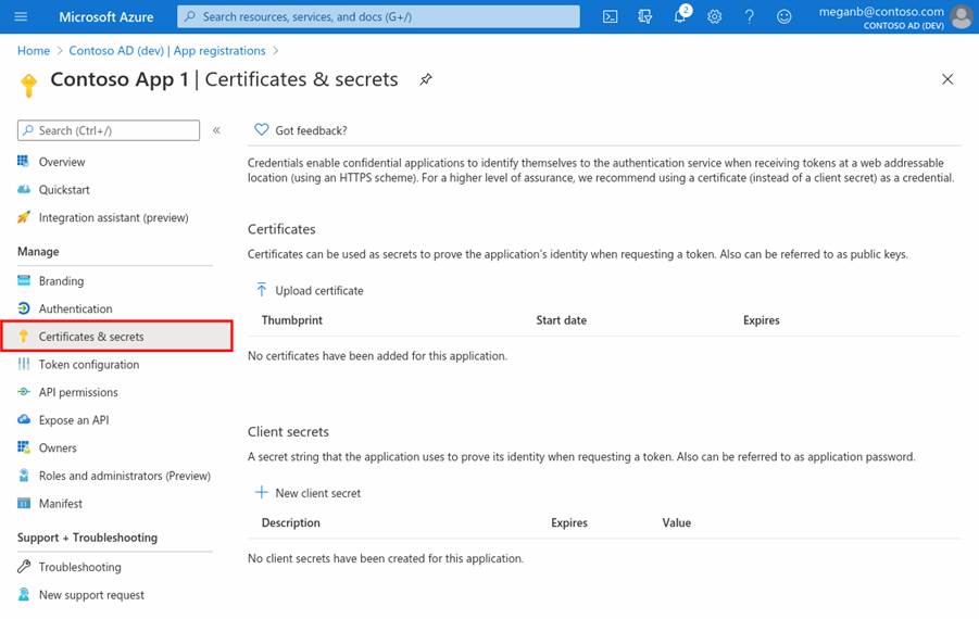 Screenshot of Azure portal showing the Certificates and secrets pane in app registration