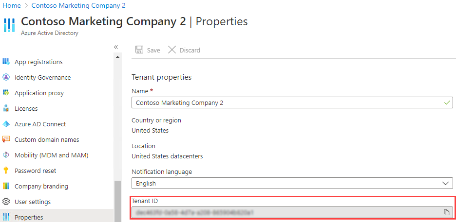 Screen image displaying the Tenant properties page with the Tenant ID box highlighted