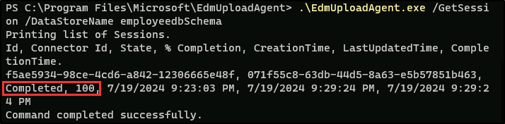 PowerShell で EDM ハッシュの状態が [完了] に設定されていることを示すスクリーンショット。
