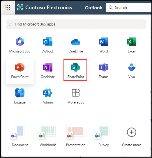 显示在 meatball 菜单中选择 SharePoint 的位置的屏幕截图