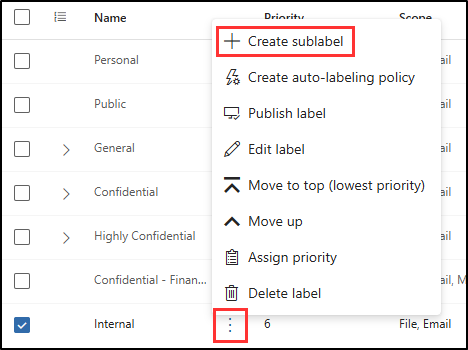 Screenshot showing the Action menu to create a sublabel for a sensitivity label.