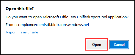 Screenshot showing the prompt to open the install too for the eDiscovery Export Tool.