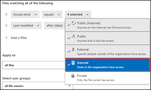 Screenshot showing the files matching dropdown with the internal option added.